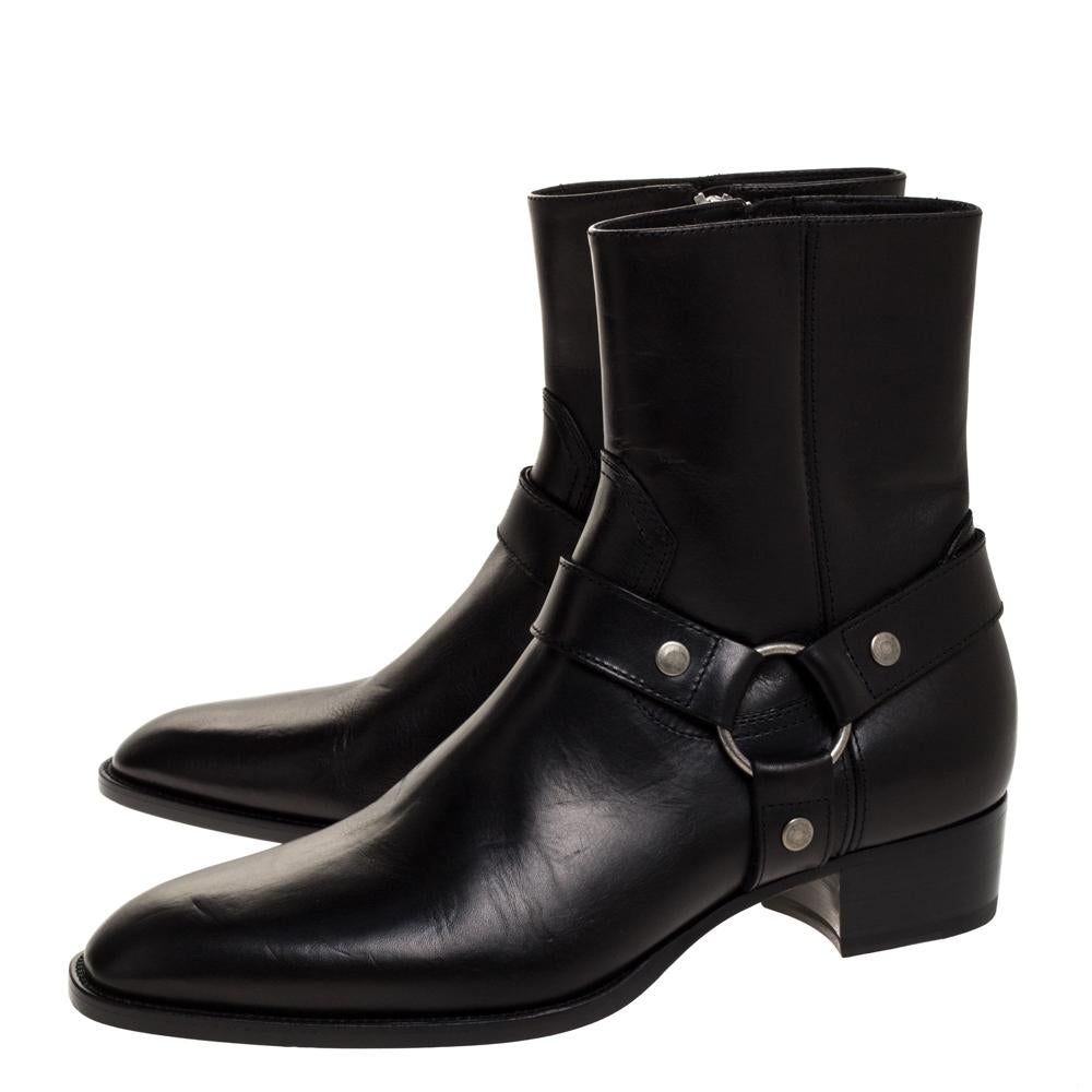 Men's Saint Laurent Black Leather Harness Ankle Boots Size 42