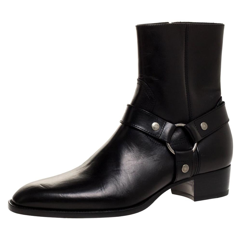 Saint Laurent Black Leather Harness Ankle Boots Size 42
