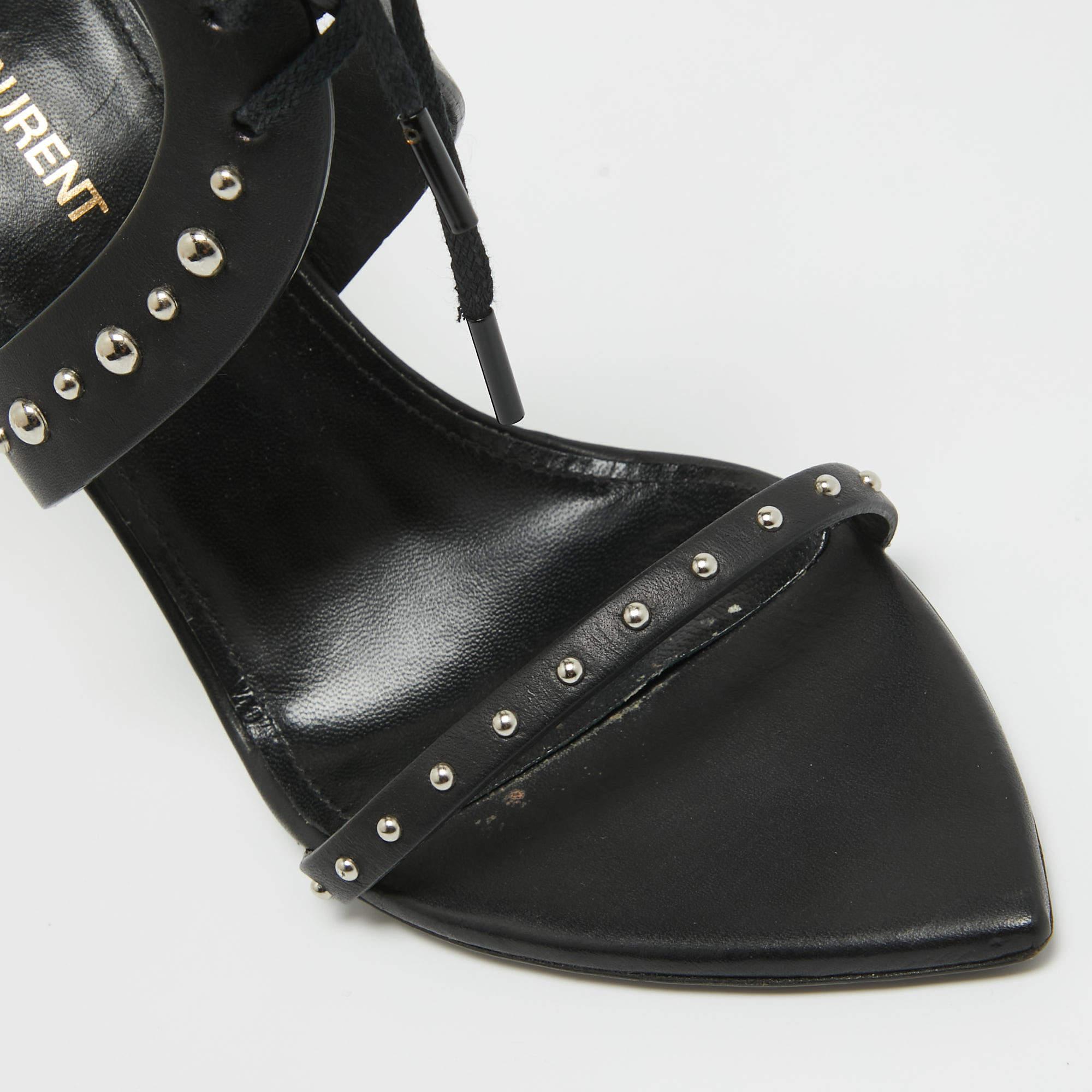 Saint Laurent Black Leather iris Studded Ankle Strap Sandals Size 38 For Sale 1