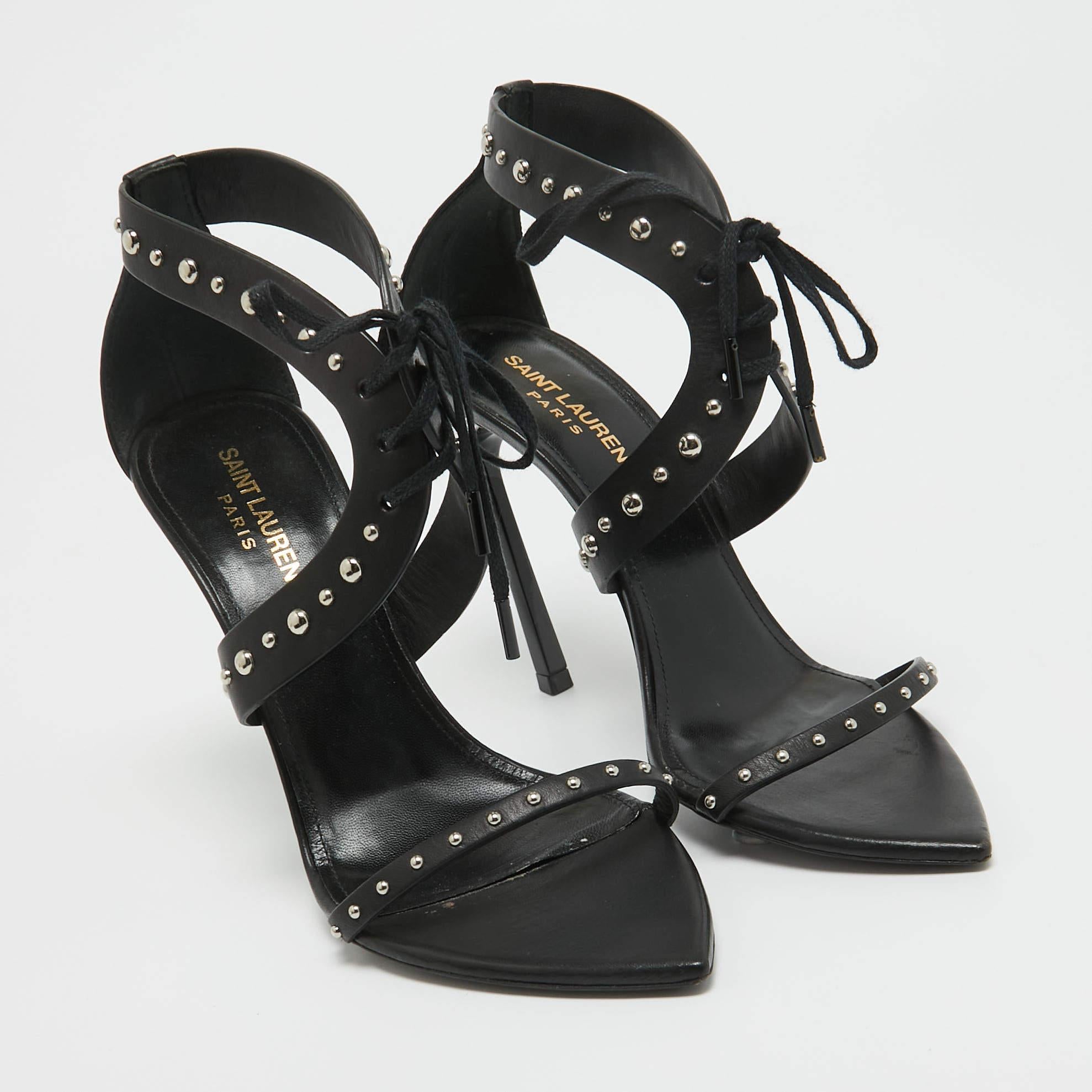 Saint Laurent Black Leather iris Studded Ankle Strap Sandals Size 38 For Sale 2
