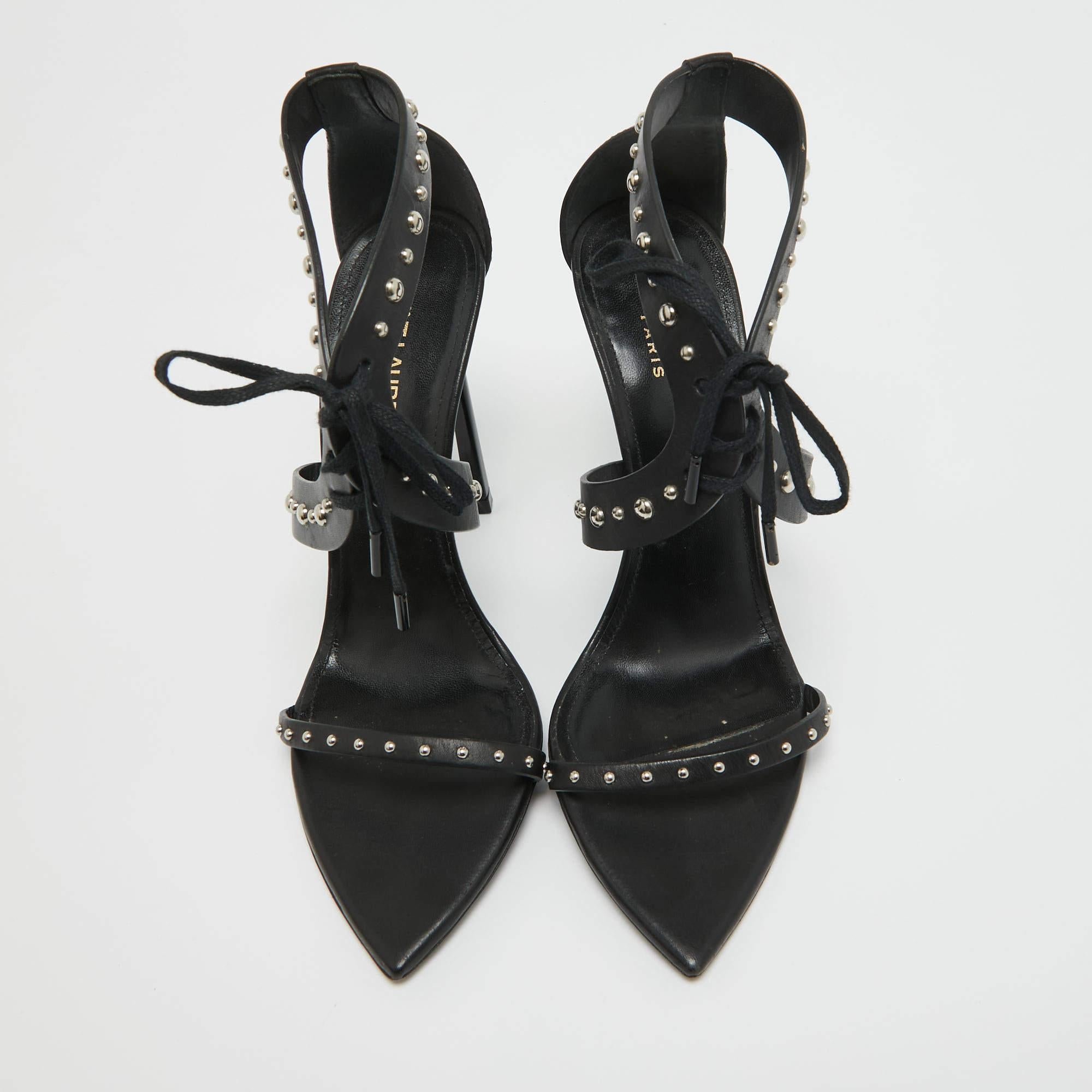 Saint Laurent Black Leather iris Studded Ankle Strap Sandals Size 38 For Sale 3