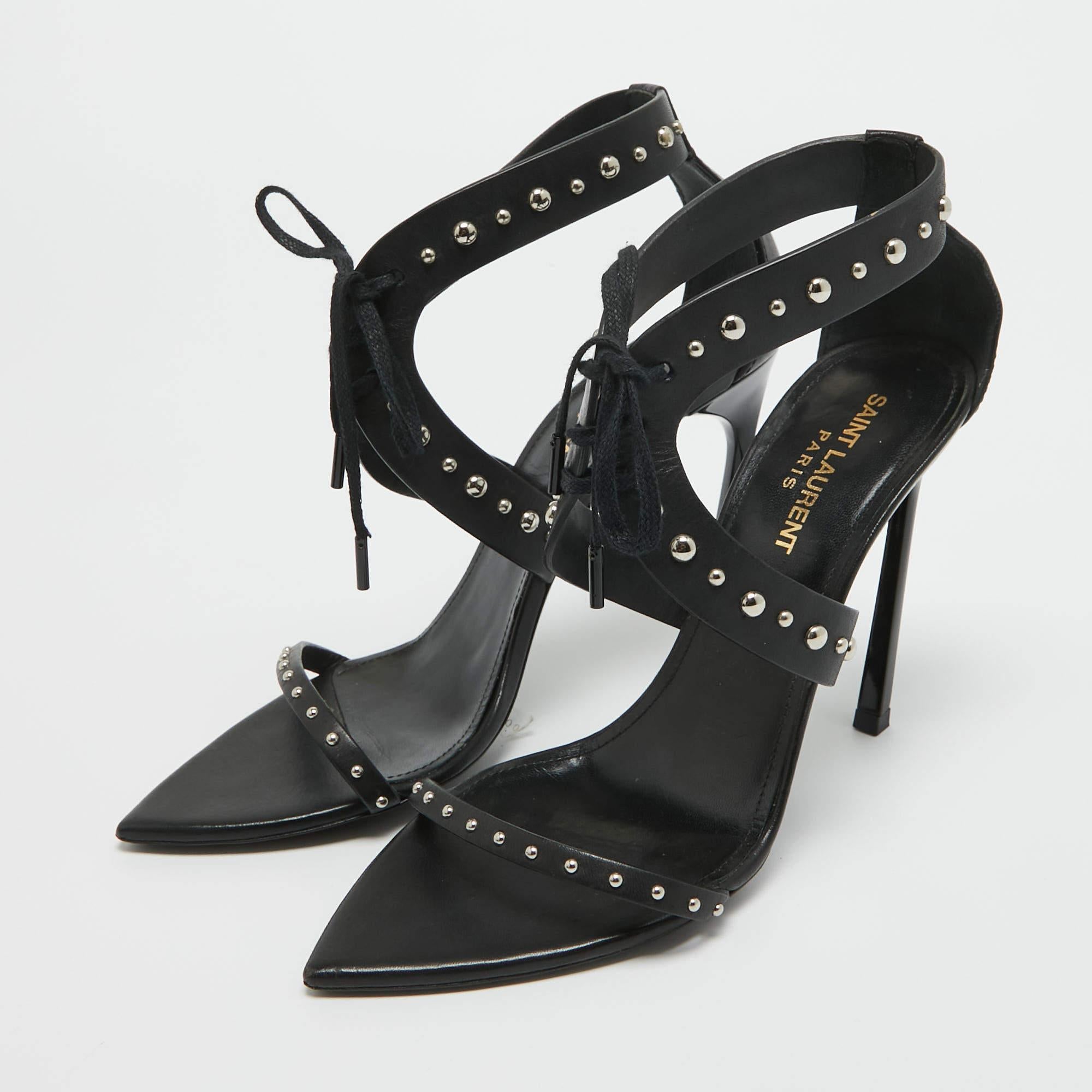 Saint Laurent Black Leather iris Studded Ankle Strap Sandals Size 38 For Sale 4
