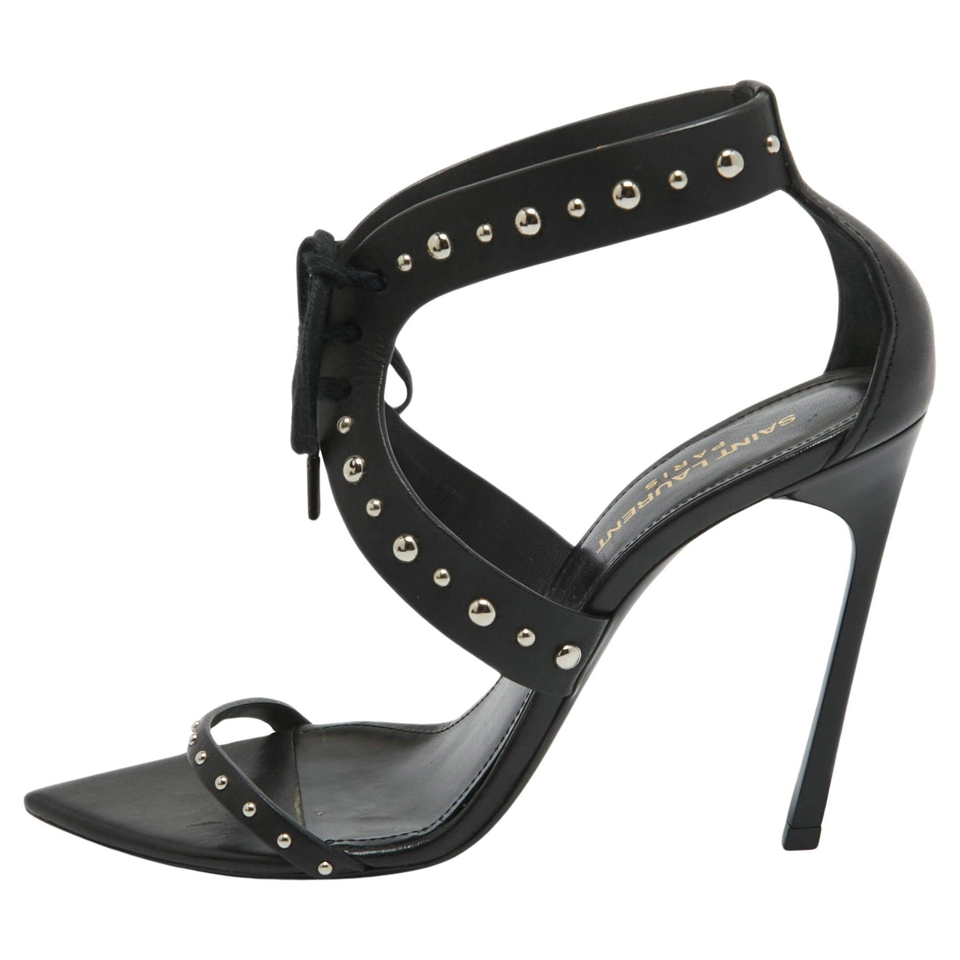 Saint Laurent Black Leather iris Studded Ankle Strap Sandals Size 38 For Sale