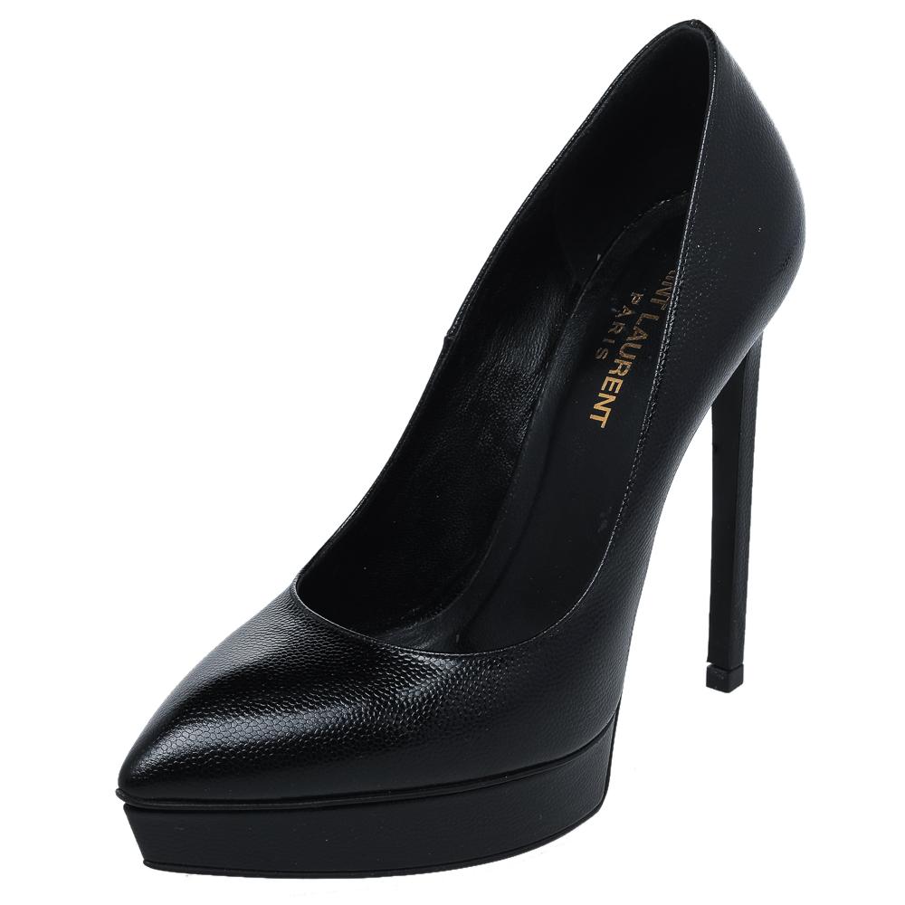 Saint Laurent Black Leather Janis Pointed Toe Platform Pumps Size 37