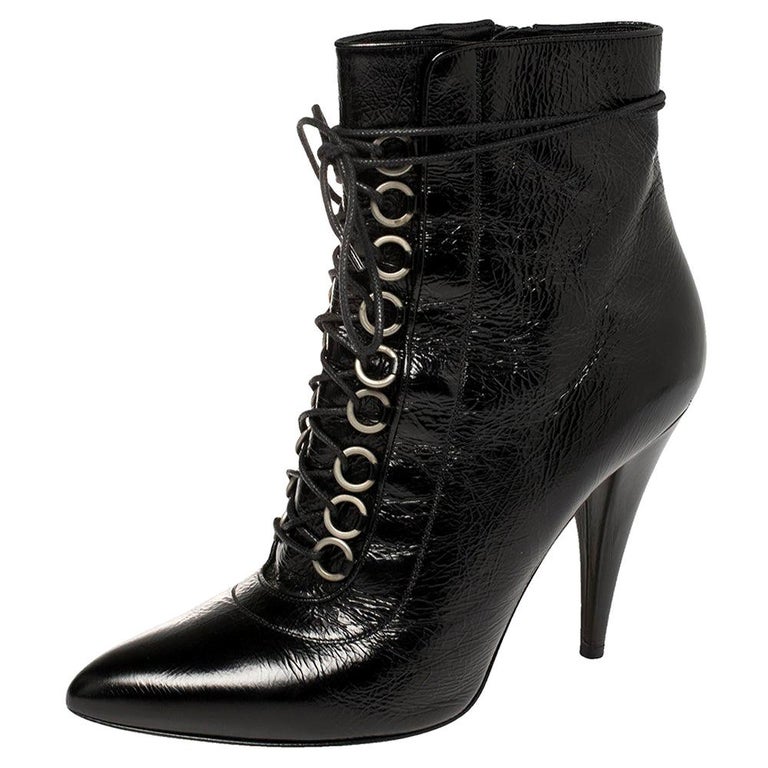 Saint Laurent Black Leather Lace Up Pointed Toe Ankle Booties Size 39 ...