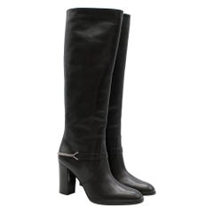 Saint Laurent Black Leather Long Boots w/ Silver Chain Trim