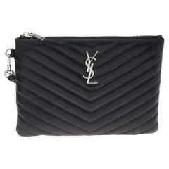 Saint Laurent Black Leather Matelassé Monogram Chevron Clutch