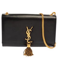 Saint Laurent - YSL Kate Black Textured Leather Gold Tassel Bag