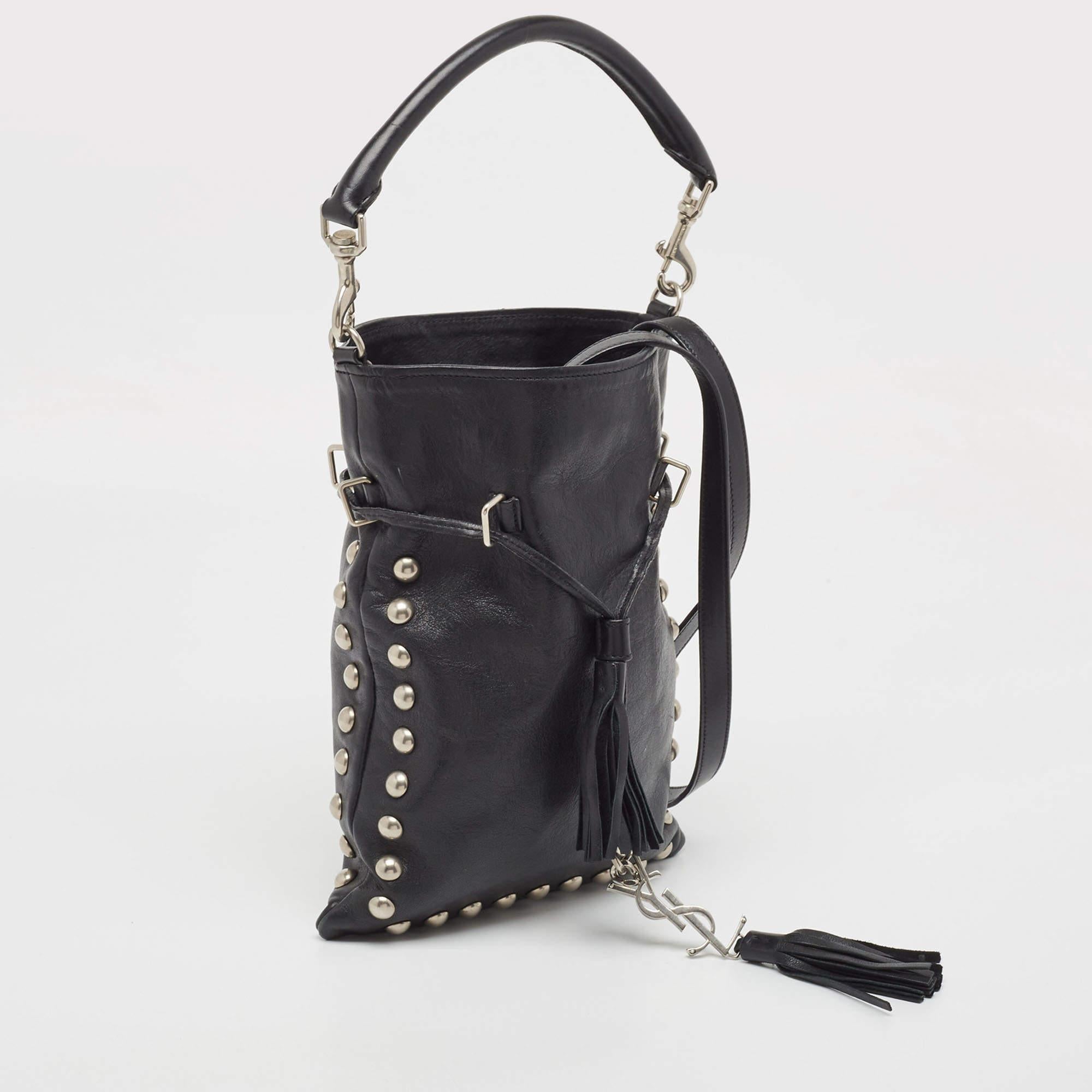 Women's Saint Laurent Black Leather Monogram Flat Bucket Bag For Sale