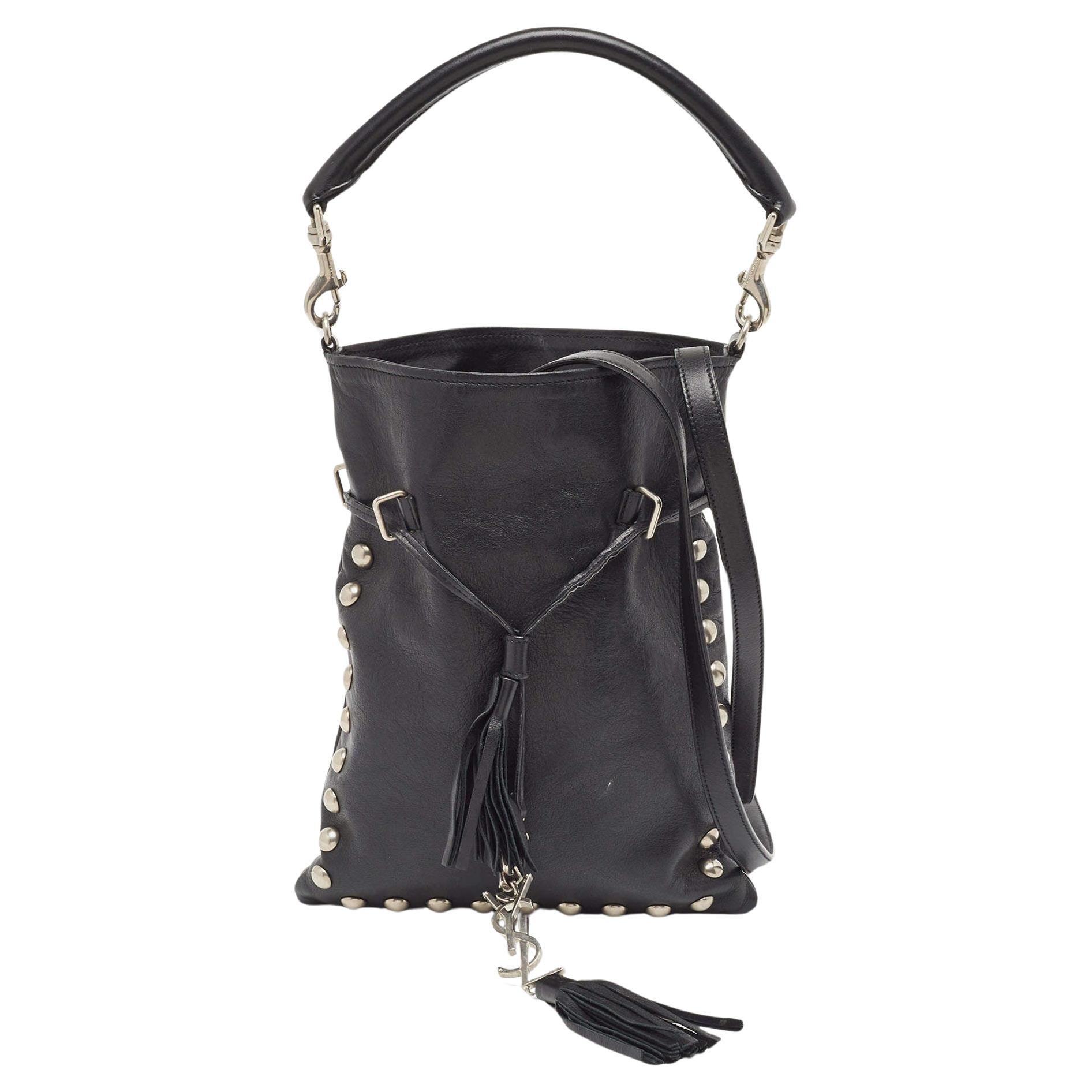 Saint Laurent Black Leather Monogram Flat Bucket Bag For Sale