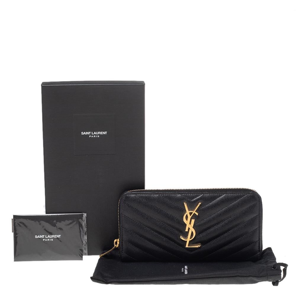 Saint Laurent Black Leather Monogram Zip Around Wallet 6