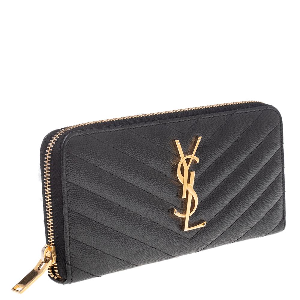 Absolutely classy and chic in its appearance, this wallet from Saint Laurent guarantees your belongings a safe and stylish haven. This zip-around wallet is made from black leather externally with a beautiful gold-toned logo fixed on the front.