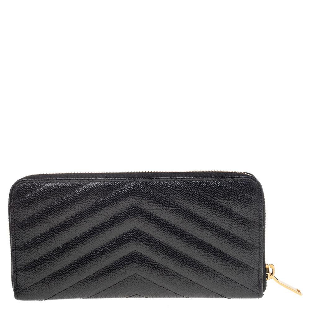 Women's Saint Laurent Black Leather Monogram Zip Around Wallet