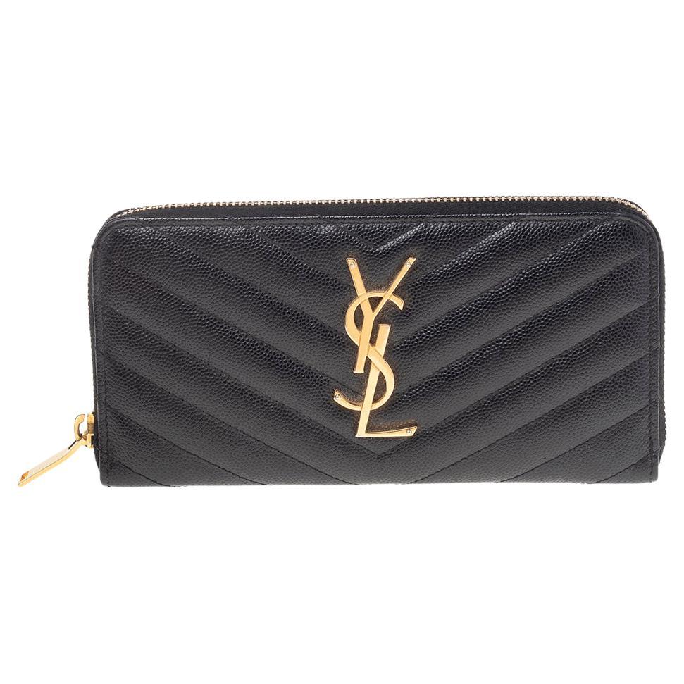 Saint Laurent Black Leather Monogram Zip Around Wallet