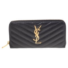 Saint Laurent Black Leather Monogram Zip Around Wallet