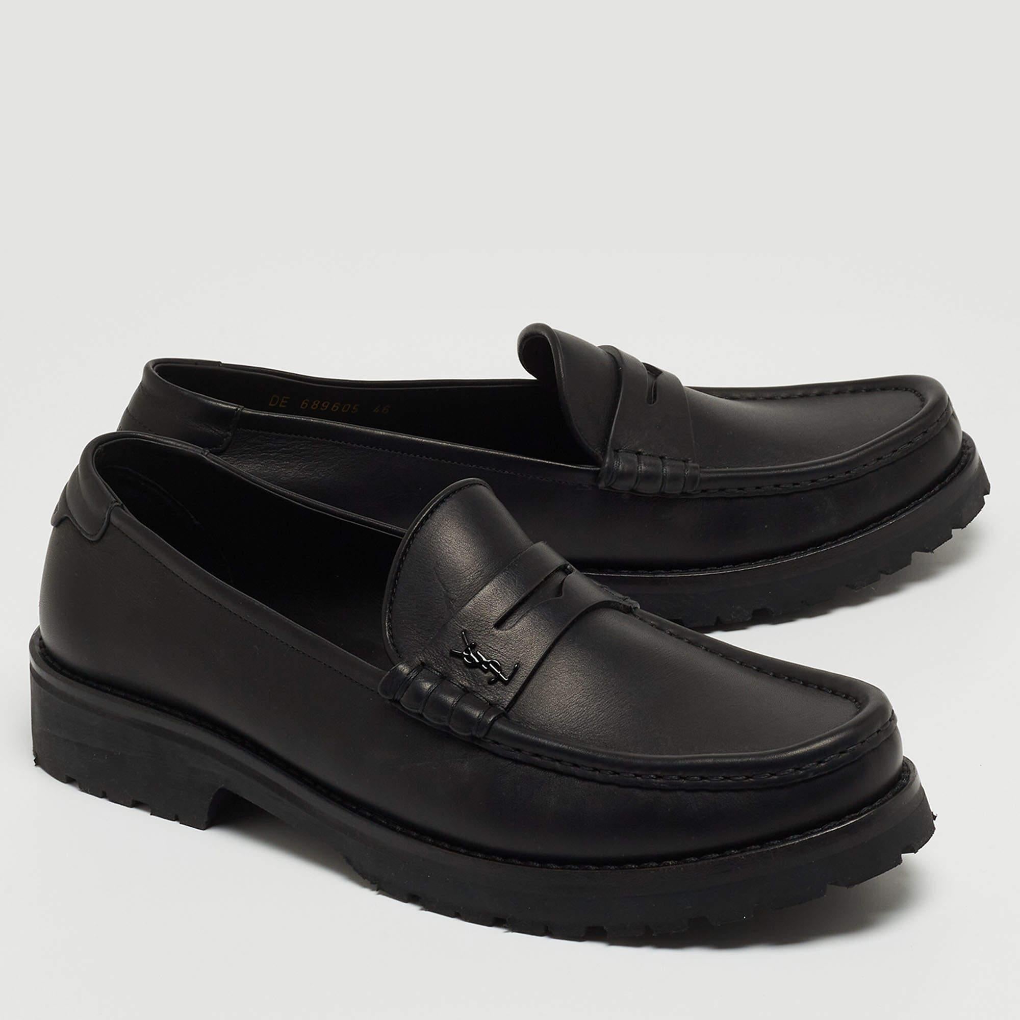 Saint Laurent Black Leather Penny Slip On Loafers Size 46 In New Condition In Dubai, Al Qouz 2