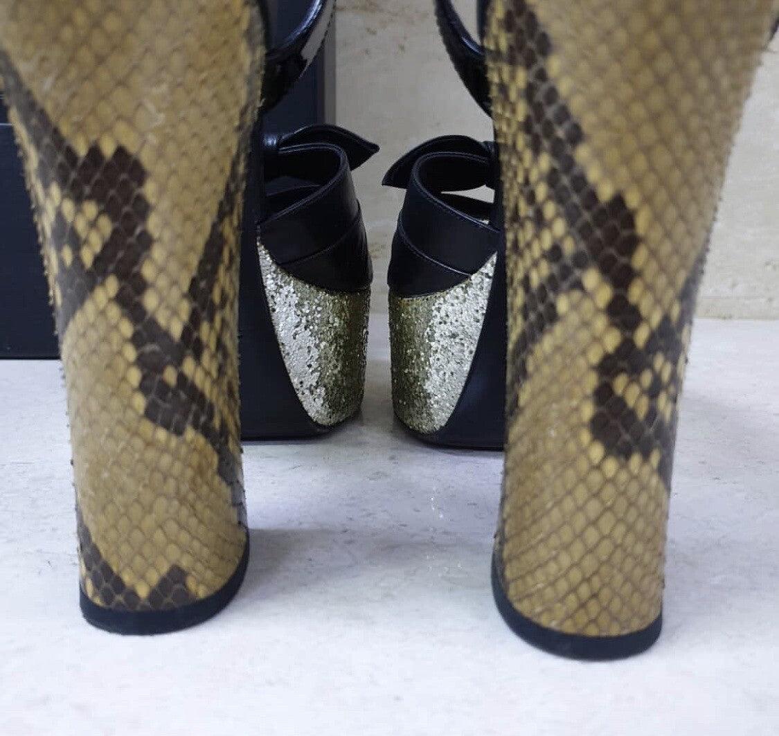 Saint Laurent Schwarz Leder Python Absatz Plateau Sandalen Sz.36 im Angebot 1