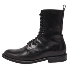 Saint Laurent Black Leather Rangers Combat Boots Size 45