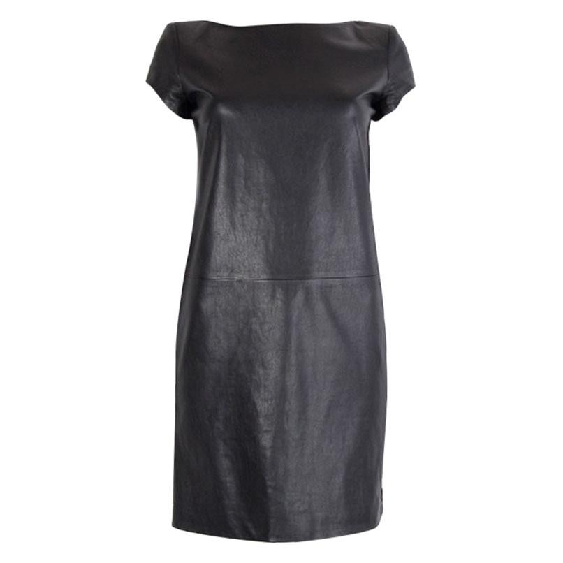 SAINT LAURENT black leather Short Sleeve Shift Dress S For Sale