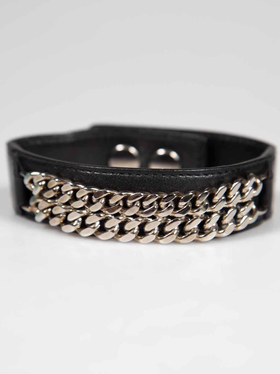 Saint Laurent - Bracelet en cuir noir et chaîne en argent en vente 1