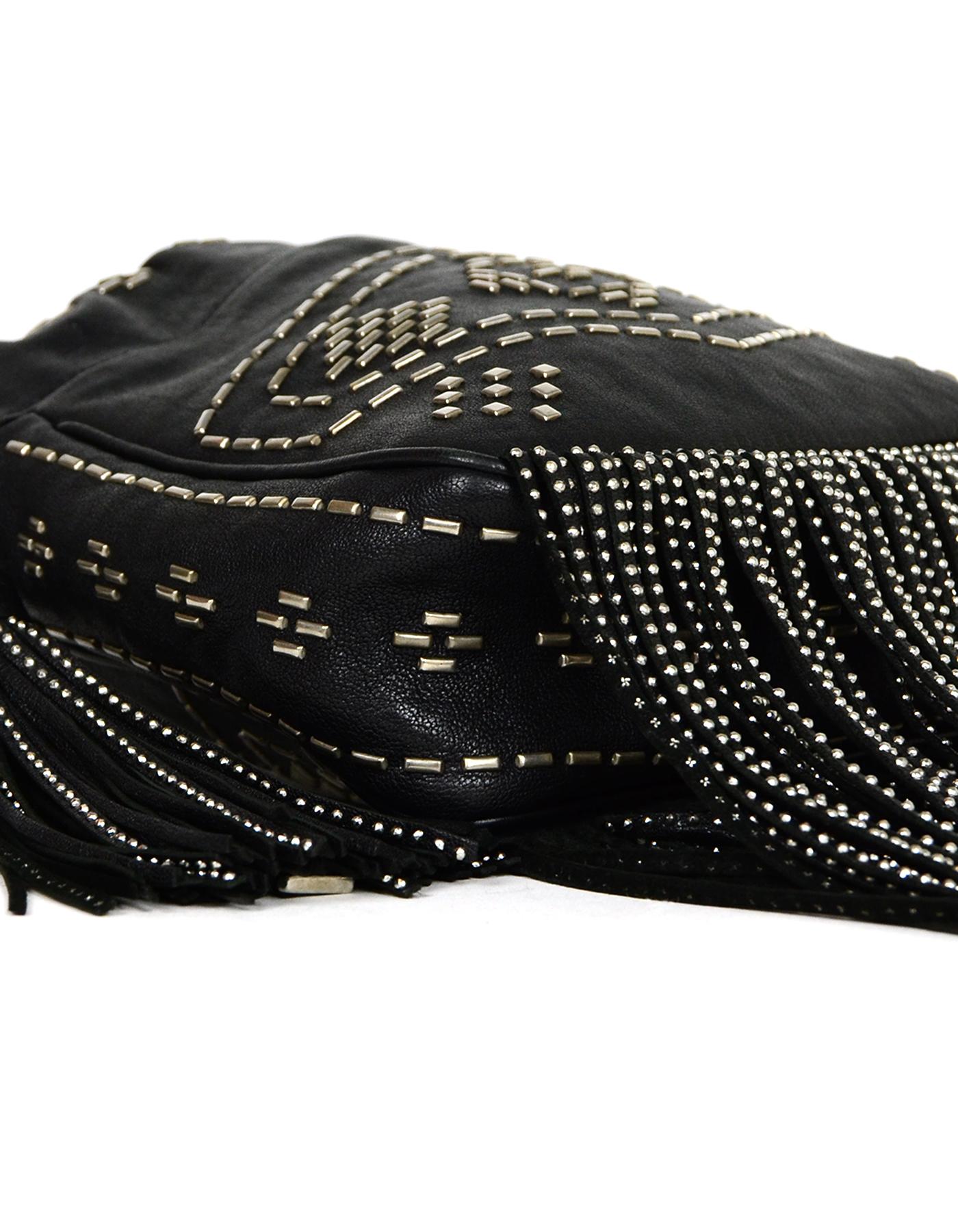 Saint Laurent Black Leather Silver Studded Small Helena Fringed Bucket Bag In Excellent Condition In New York, NY