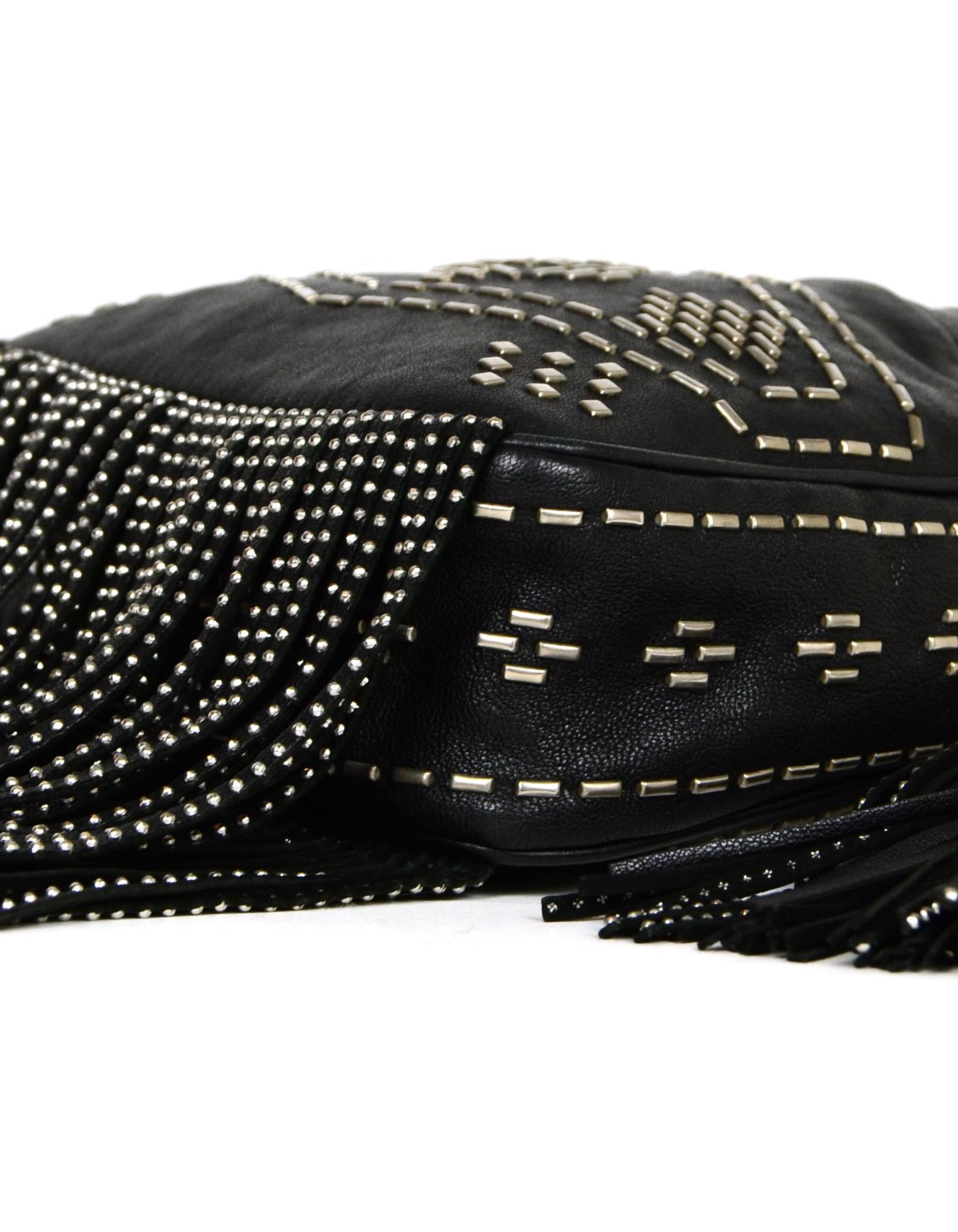 Women's Saint Laurent Black Leather Silver Studded Small Helena Fringed Bucket Bag