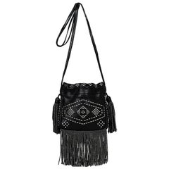Saint Laurent Black Leather Silver Studded Small Helena Fringed Bucket Bag