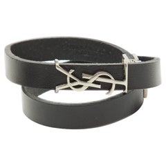 Saint Laurent Black Leather Silver Tone Cassandre Double Wrap Bracelet