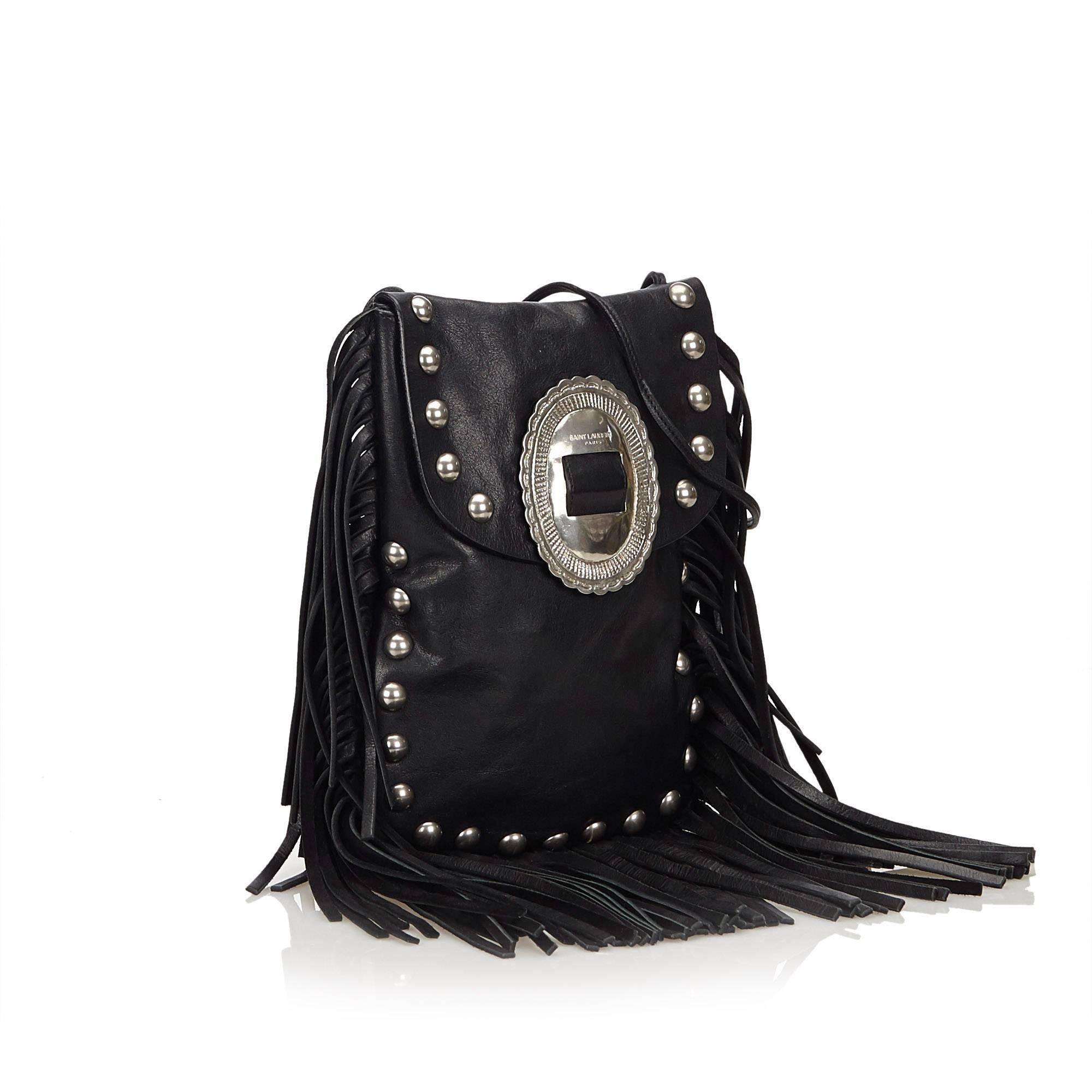 Saint Laurent Black Leather Silver Toned Studded with Fringe Shoulder Bag In Excellent Condition In Sheung Wan, HK