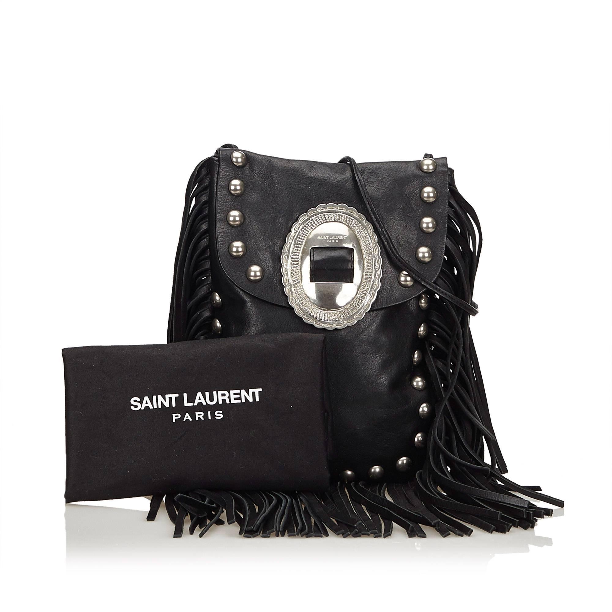 Saint Laurent Black Leather Silver Toned Studded with Fringe Shoulder Bag 3