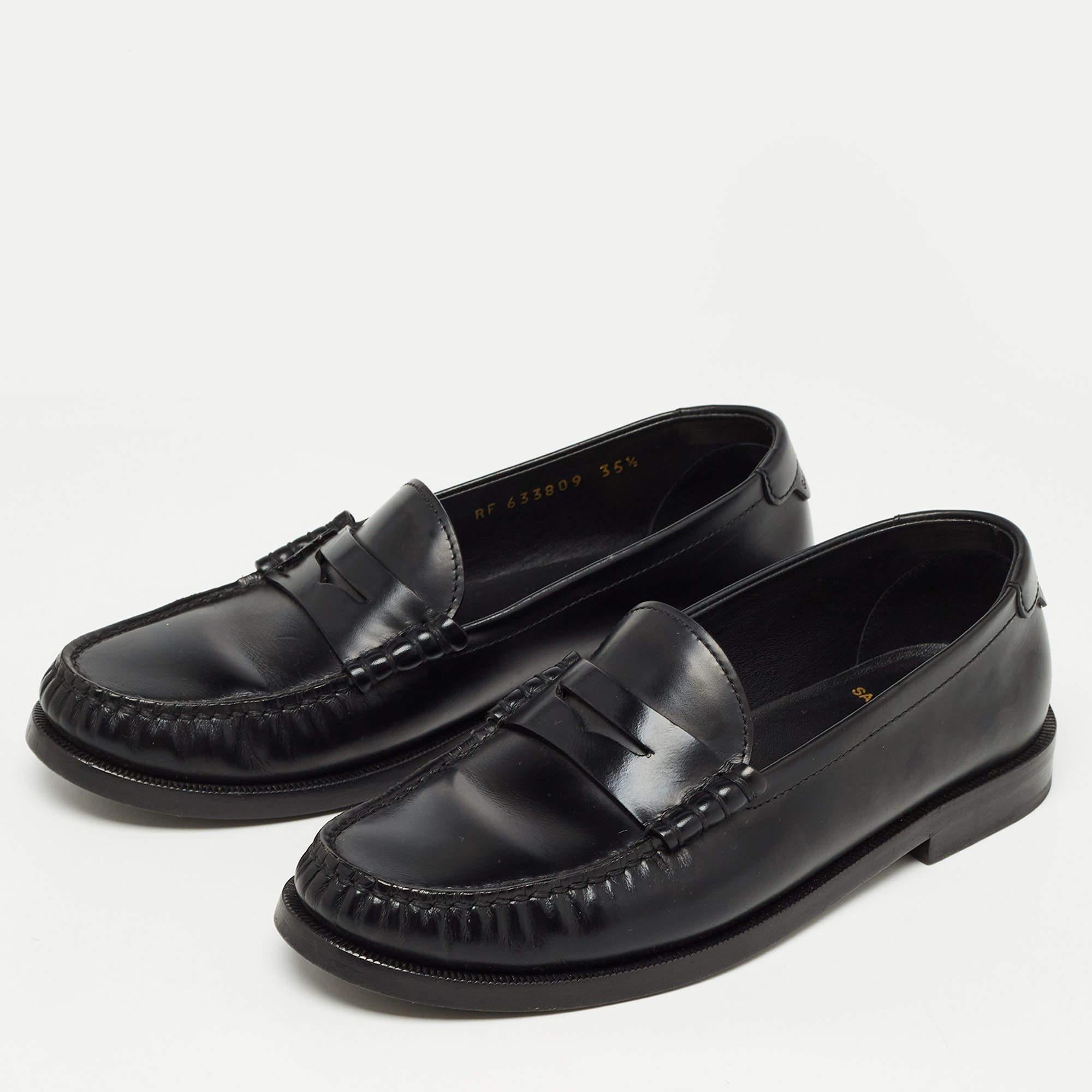 Saint Laurent Black Leather Slip On Loafers Size 35.5 For Sale 3
