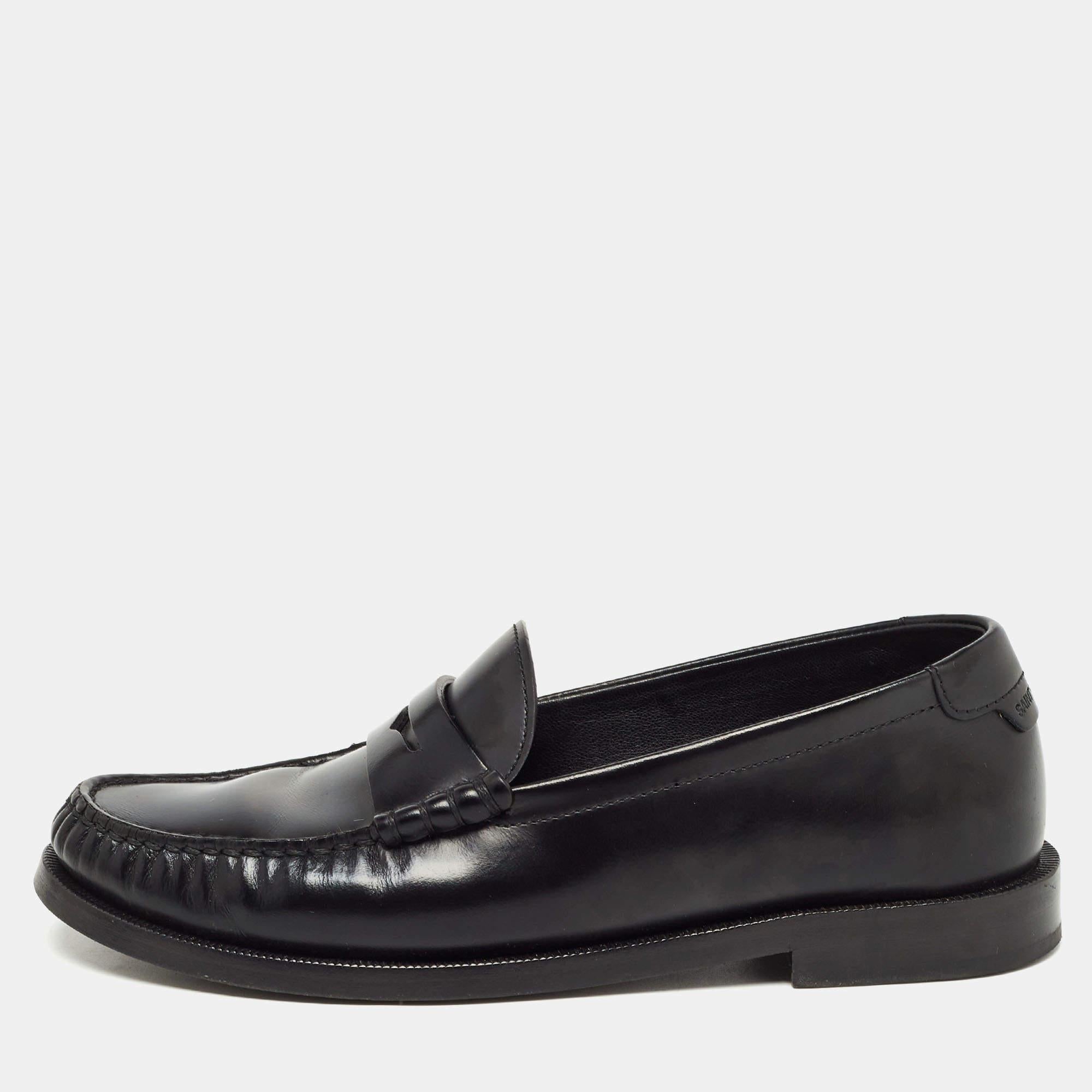 Saint Laurent Black Leather Slip On Loafers Size 35.5 For Sale 4