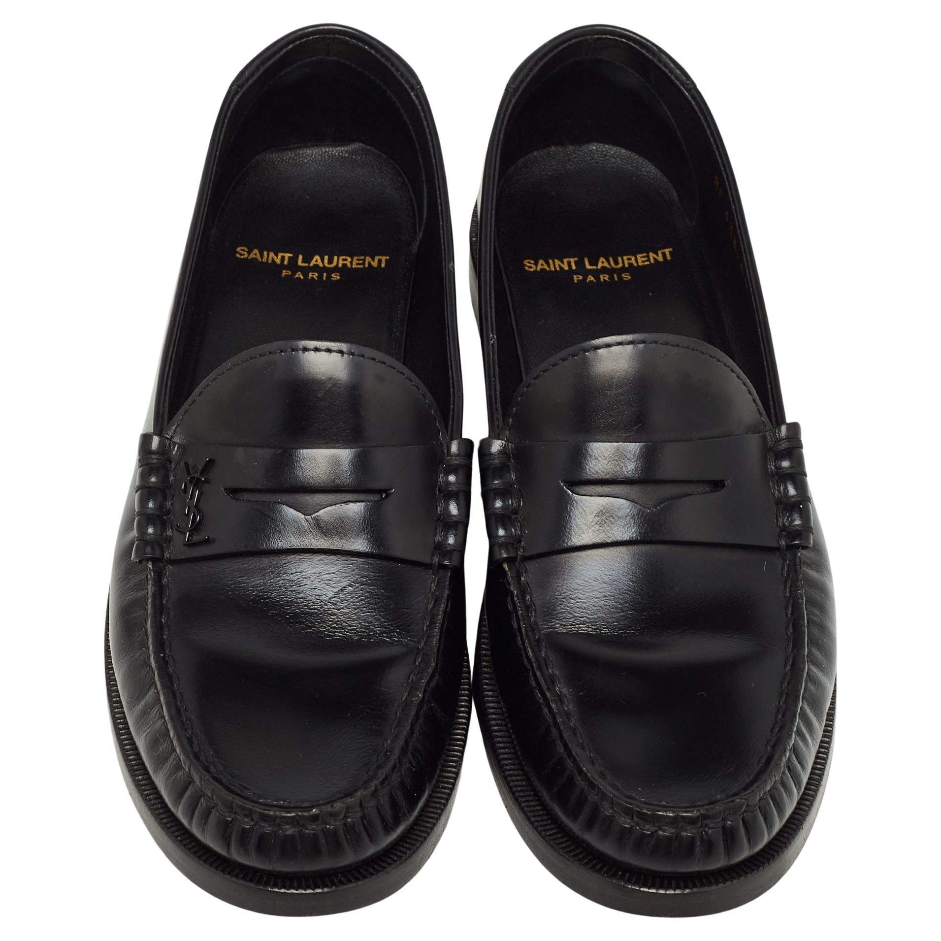 Saint Laurent Black Leather Slip On Loafers Size 35.5 For Sale
