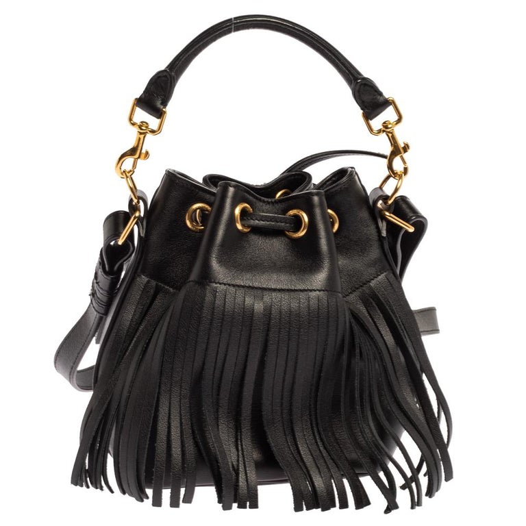 Saint Laurent Black Leather Small Emmanuelle Fringed Bucket Bag at ...