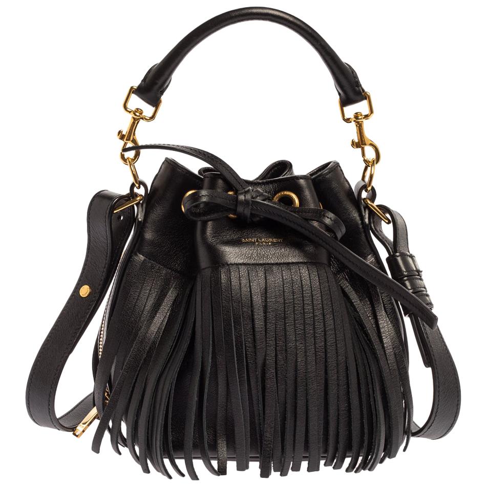 Saint Laurent Black Leather Small Emmanuelle Fringed Bucket Bag