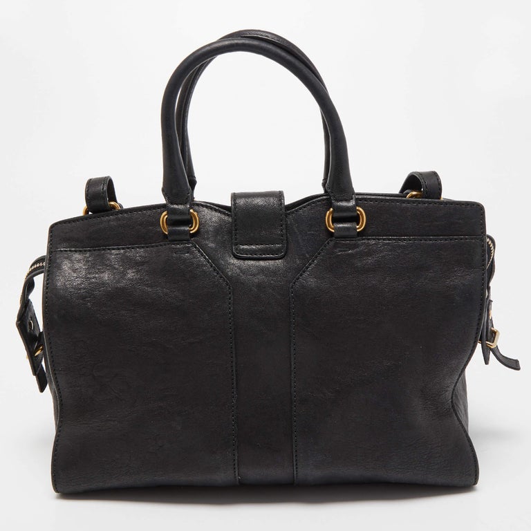Saint Laurent Black Leather Small Monogram Cabas Tote For Sale at 1stDibs