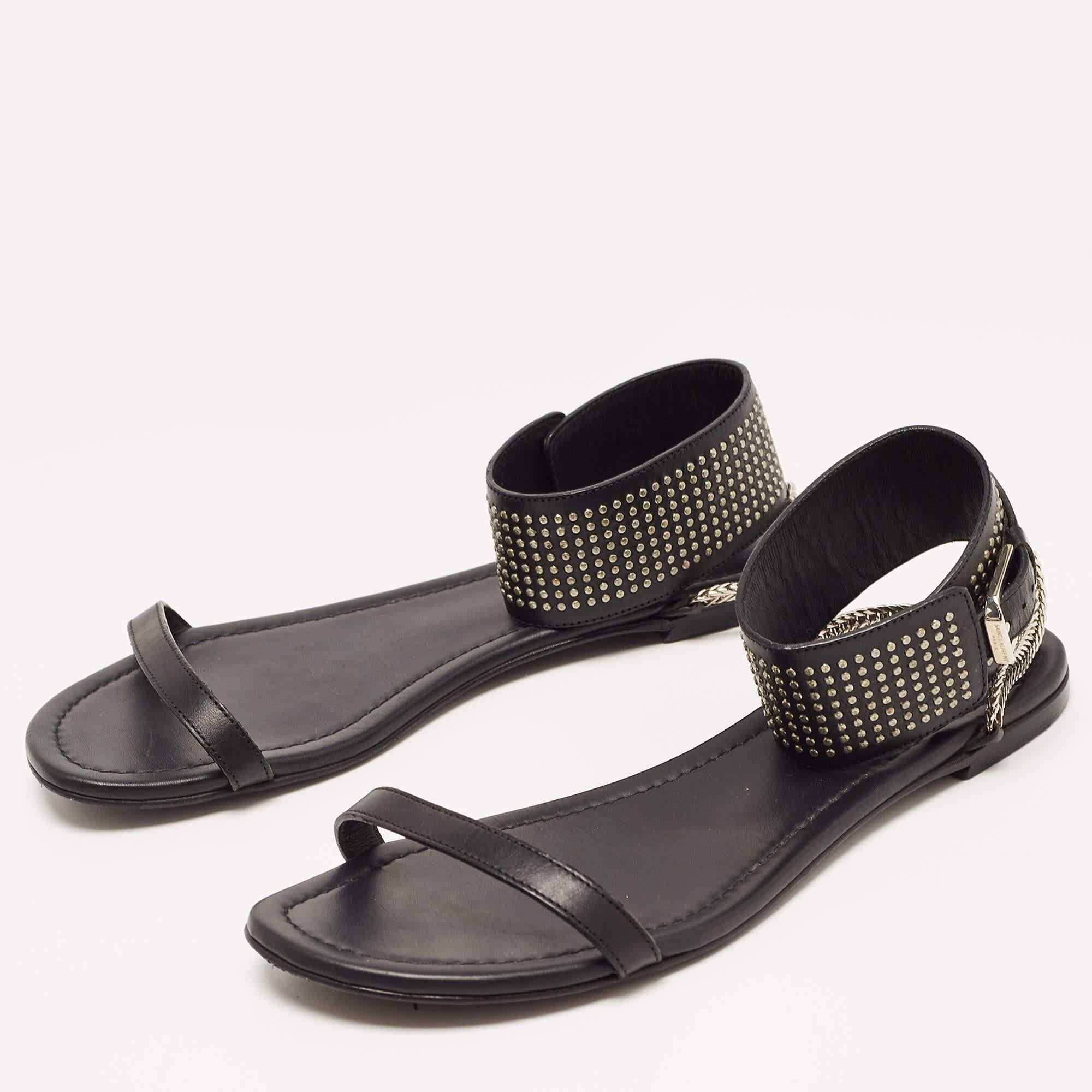 Women's Saint Laurent Black Leather Studded Ankle Cuff Flat Sandals Size 36 For Sale