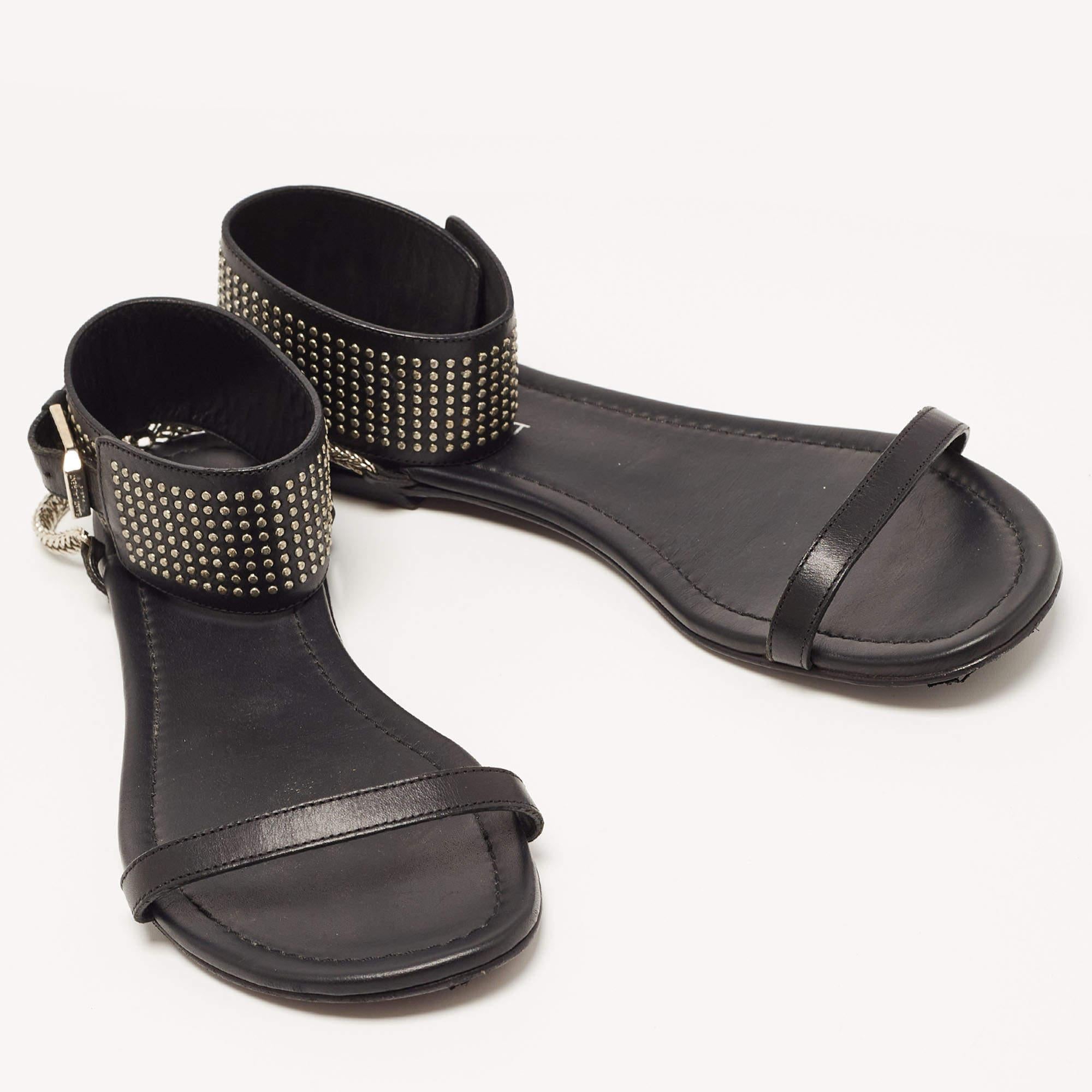 Saint Laurent Black Leather Studded Ankle Cuff Flat Sandals Size 36 For Sale 1
