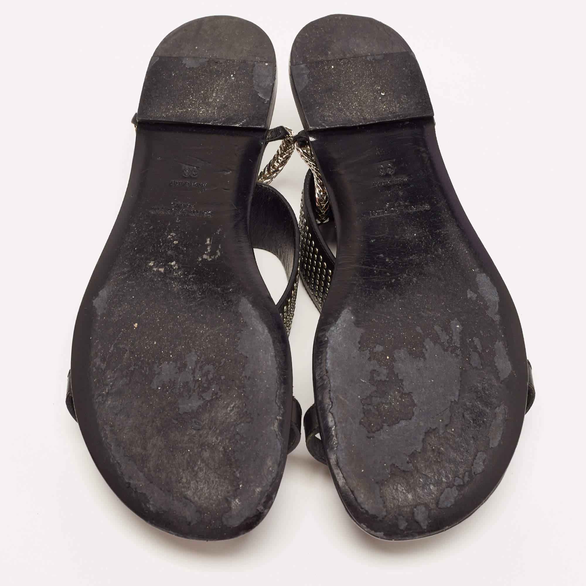 Saint Laurent Black Leather Studded Ankle Cuff Flat Sandals Size 36 For Sale 4