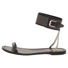 Saint Laurent Black Leather Studded Ankle Cuff Flat Sandals Size 36