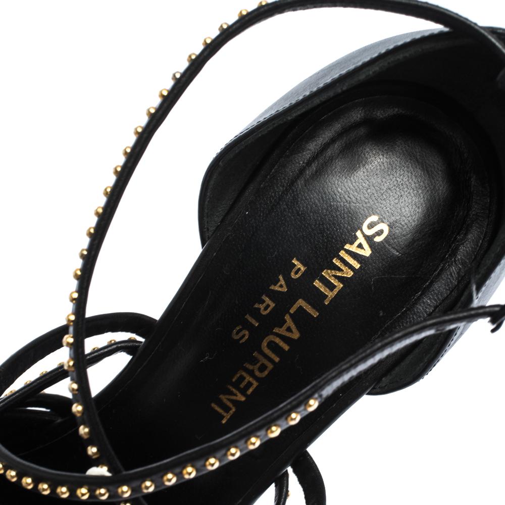 Women's Saint Laurent Black Leather Studded Strap Janis Platform Pumps Size 36