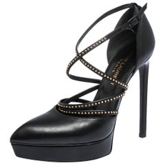 Saint Laurent Black Leather Studded Strap Janis Platform Pumps Size 36