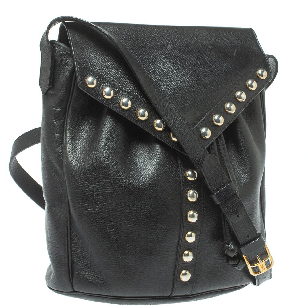 Saint Laurent Black Leather Studded Y Flap Shoulder Bag In Good Condition In Dubai, Al Qouz 2