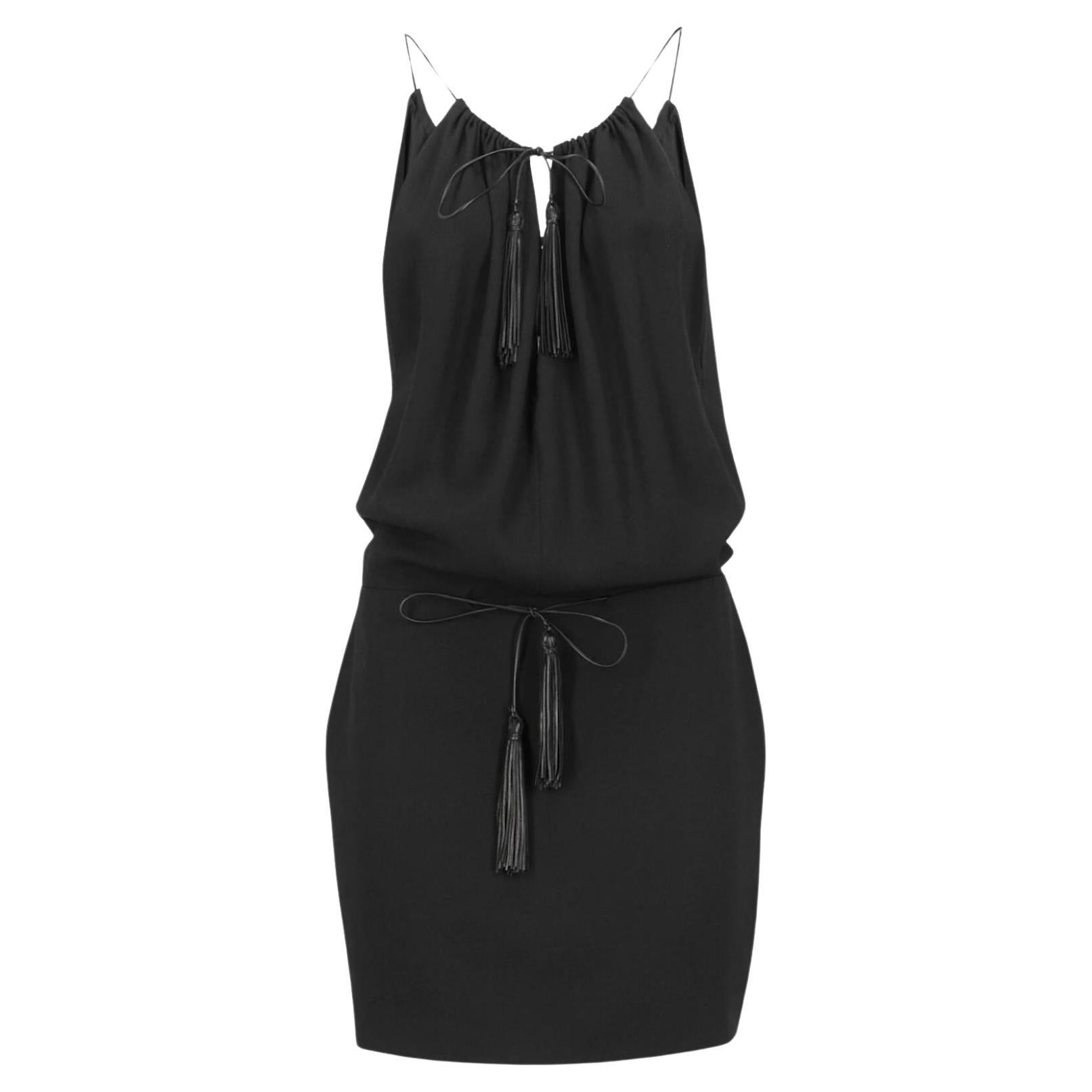Saint Laurent Black Leather Tassel Mini Dress For Sale
