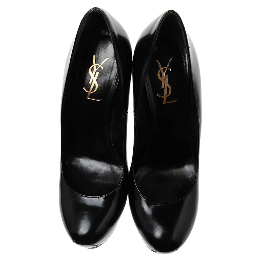 Saint Laurent  Black Leather Tribtoo Platform Pumps Size 38.5 In Good Condition In Dubai, Al Qouz 2