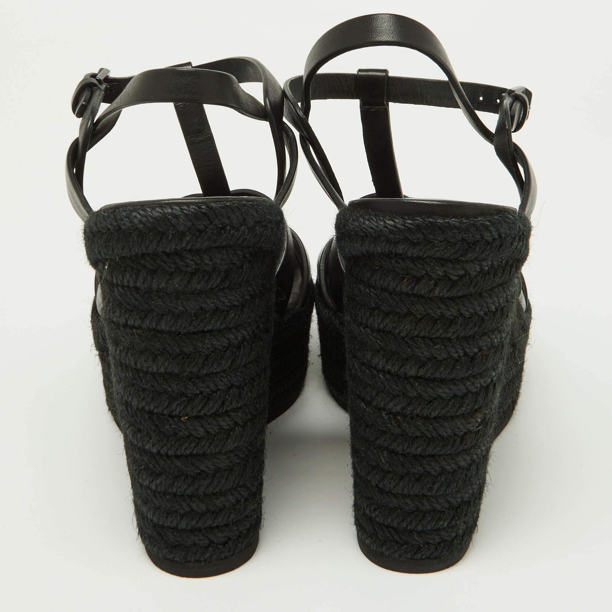 Saint Laurent Black Leather Tribute Espadrilles Wedge Sandals Size 38 In Good Condition In Dubai, Al Qouz 2