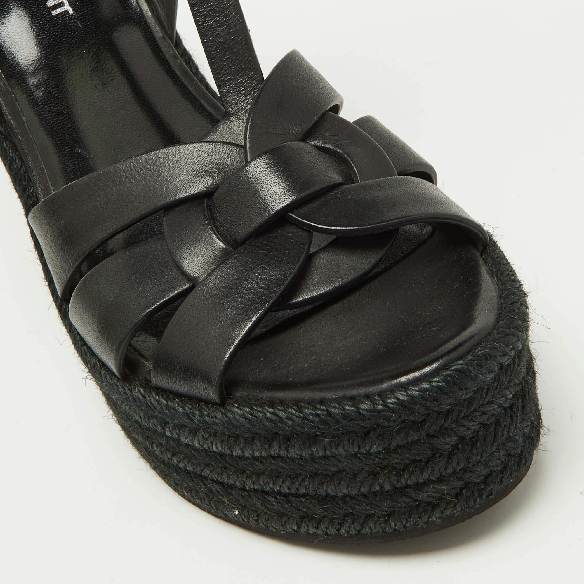 Women's Saint Laurent Black Leather Tribute Espadrilles Wedge Sandals Size 38
