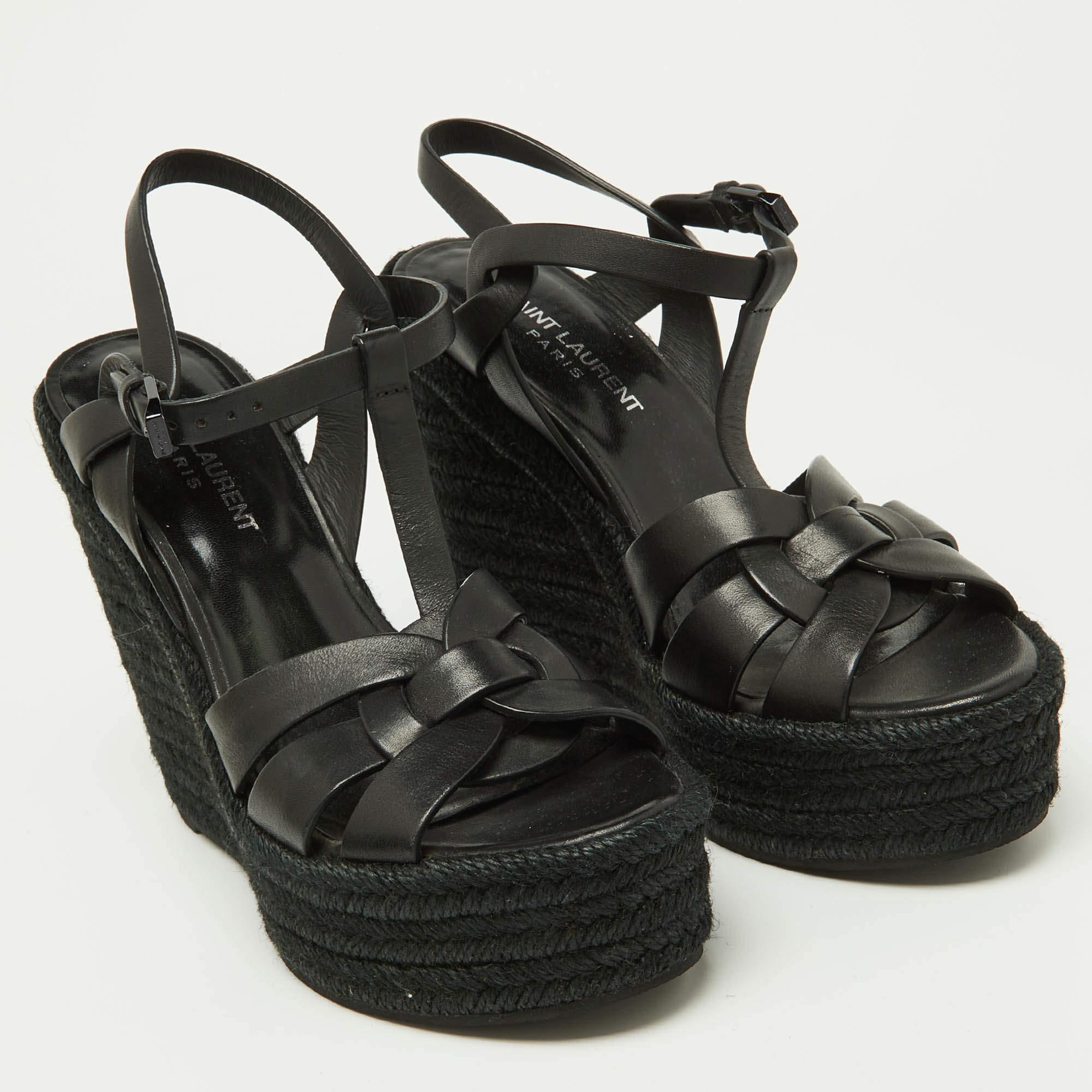 Saint Laurent Black Leather Tribute Espadrilles Wedge Sandals Size 38 3