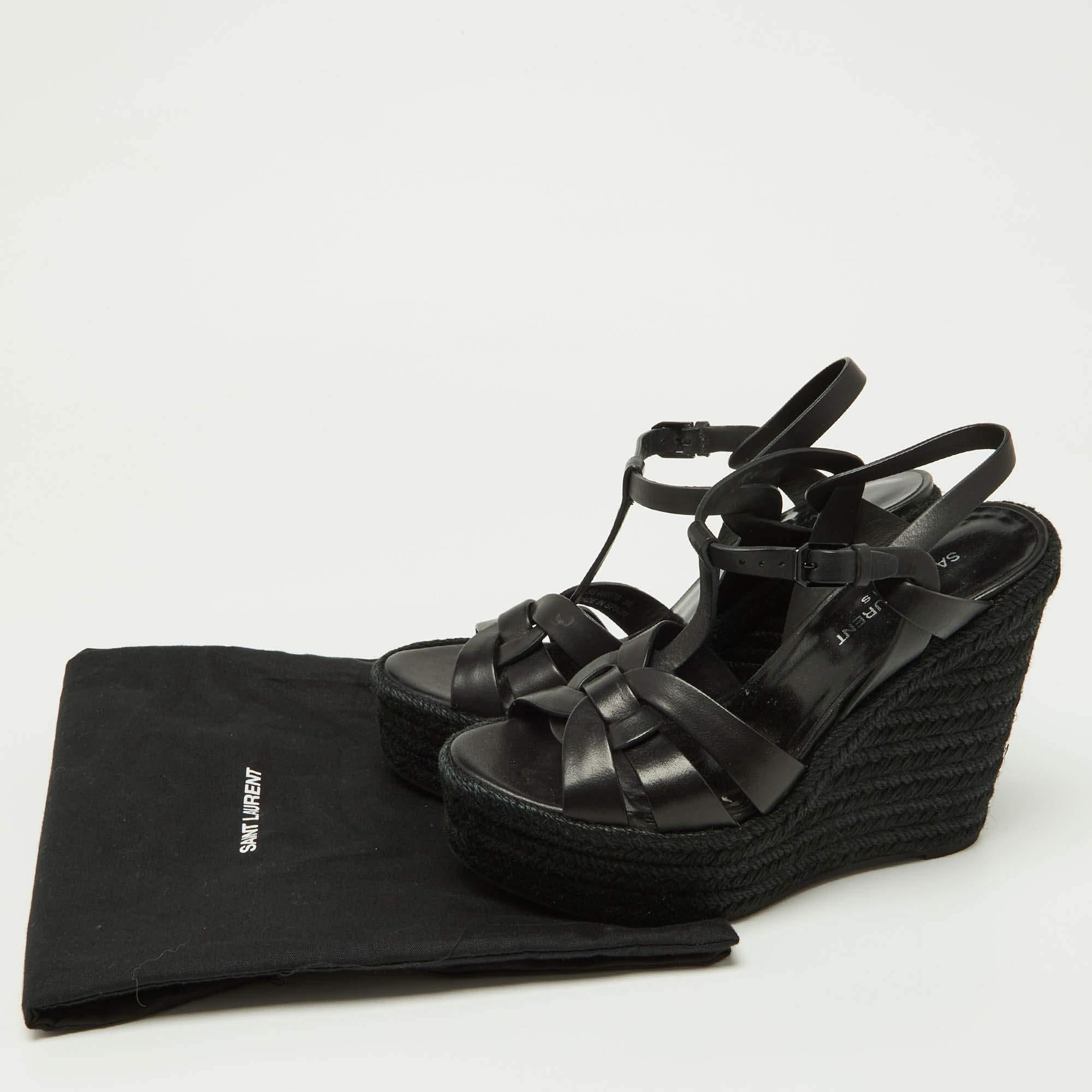 Saint Laurent Black Leather Tribute Espadrilles Wedge Sandals Size 38 5