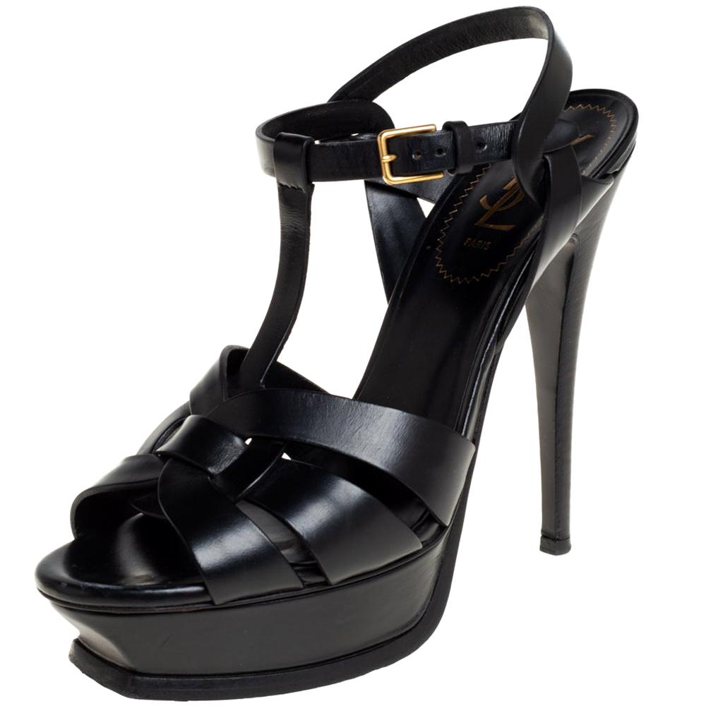 Saint Laurent Black Leather Tribute Platform Ankle Strap Sandals Size 39